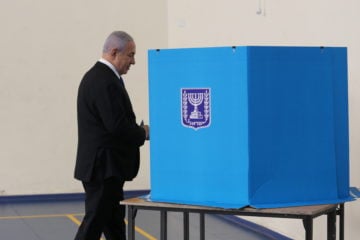 Prime Minister Benjamin Netanyahu casts his ballot at a voting station in Jerusalem, during the Knesset Elections, on September 17, 2019.