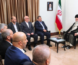 Supreme Leader Ayatollah Ali Khamenei, right, meets Hamas deputy chief, Saleh al-Arouri, second right, and the Hamas delegation, in Tehran, Iran, Monday, July 22, 2019.