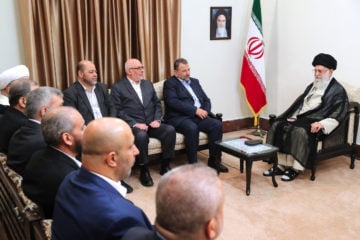 Supreme Leader Ayatollah Ali Khamenei, right, meets Hamas deputy chief, Saleh al-Arouri, second right, and the Hamas delegation, in Tehran, Iran, Monday, July 22, 2019.