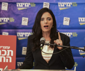 Yemina leader Ayelet Shaked speaks at the party headquarters in Airport City on September 15, 2019
