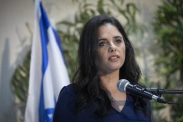 Yemina leader Ayelet Shaked speaks during a press conference at the Expo Tel Aviv on September 5, 2019.