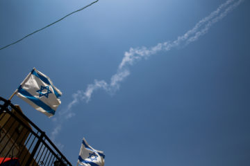 View of the trail left in the sky by a Patriot missiles that was fired to intercept a Syrian jet entering Israel from Syria, as seen in the Northern Israeli city of Tzfat, on July 24, 2018.