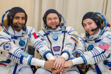 Astronauts (from L-R) Hazzaa Al Mansoori Oleg Skripochka, Jessica Meir
