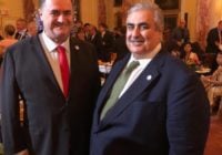 Yisrael Katz (L ) and Bahrain's Foreign Minister Khalid bin Ahmed Al Khalifa meeting in Washington in July 2019.