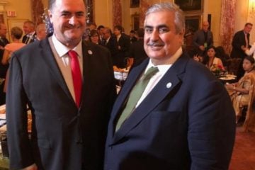 Yisrael Katz (L ) and Bahrain's Foreign Minister Khalid bin Ahmed Al Khalifa meeting in Washington in July 2019.