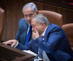 Prime Minister Benjamin Netanyahu and then-Defense Minister Avigdor Liberman in the Knesset, on October 24, 2017.
