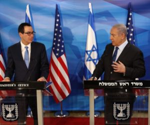 Israeli Prime Minister Benjamin Netanyahu,, right, and U.S. Treasury Secretary Steven Mnuchin deliver joint statements during their meeting in Jerusalem, Monday, Oct. 28, 2019.