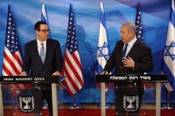 Israeli Prime Minister Benjamin Netanyahu,, right, and U.S. Treasury Secretary Steven Mnuchin deliver joint statements during their meeting in Jerusalem, Monday, Oct. 28, 2019.