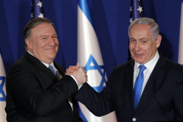 U.S. Secretary of State Mike Pompeo, left, shakes hands with Israeli Prime Minister Benjamin Netanyahu at the PM's official residence in Jerusalem, Thursday March 21, 2019.