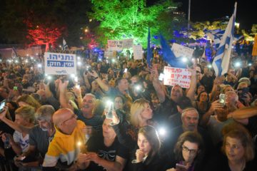 Israelis demonstrate in support of Prime Minister Benjamin Netanyahu near the house of Attorney General of Israel, Avichai Mandelblit in Petah Tikva, October 29, 2019.