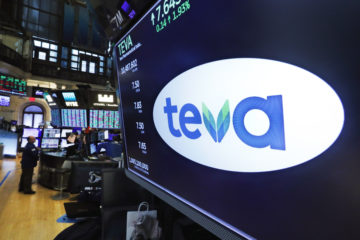 The logo for Teva appears above a trading post on the floor of the New York Stock Exchange, Monday, Oct. 21, 2019.