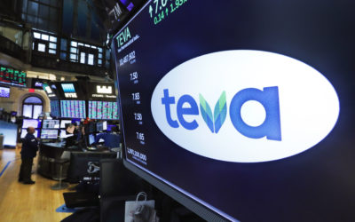 The logo for Teva appears above a trading post on the floor of the New York Stock Exchange, Monday, Oct. 21, 2019.