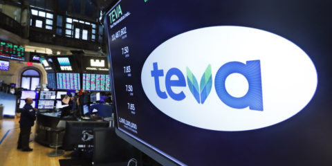 The logo for Teva appears above a trading post on the floor of the New York Stock Exchange, Monday, Oct. 21, 2019.