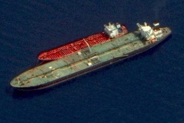 This satellite image made available Thursday, Oct. 3, 2019, by Maxar Technologies, shows the two Iranian-flagged tankers, the Adrian Darya 1 and the Jasmine, while the mooring lines tethering the two tankers together and a deployed crane on the starboard side of the Adrian Darya 1 off the coast of Syria.
