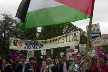 Pro-Palestinian protestors march on the University of California campus in Berkeley.
