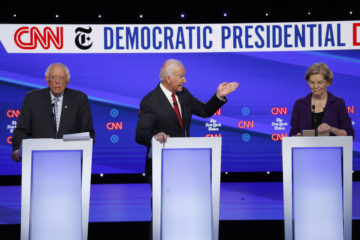 Democratic presidential candidate Sen. Bernie Sanders, I-Vt., left, former Vice President Joe Biden, center, and Sen. Elizabeth Warren, D-Mass., participate in a Democratic presidential primary debate hosted by CNN/New York Times at Otterbein University, Oct. 15, 2019, in Westerville, Ohio.