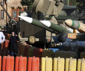 Military hardware is on display at an exhibition by Iran's Revolutionary Guard celebrating "Sacred Defense Week" marking the 39th anniversary of the start of 1980-88 Iran-Iraq war, at Baharestan Sq. in downtown Tehran, Iran, Sept. 25, 2019.