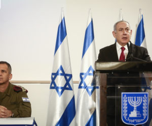 Prime Minister Benjamin Netanyahu, right, and IDF Chief of Staff Aviv Kochavi deliver a statement to the press, at defense headquarters in Tel Aviv, on November 12, 2019.