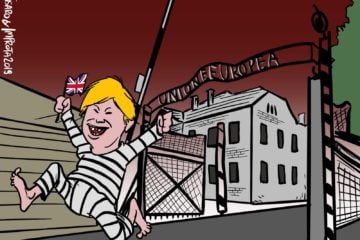 Caricature of British Prime Minister Boris Johnson in front of the Auschwitz gate