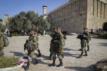 Israeli soldeirs seen patroling outside the Cave of the Patriarchs in Hevron, on August 30, 2019.