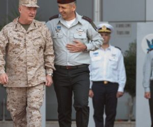 U.S. CENTCOM commander Gen. Kenneth F. McKenzie Jr., left, walking with IDF Chief of Staff Lt. Gen. Aviv Kochavi.