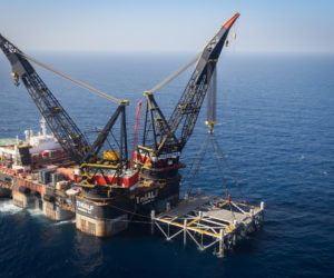 View of the Israeli Leviathan gas field gas processing rig near the Israeli city of Caesarea.
