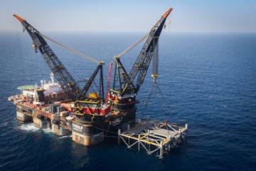 View of the Israeli Leviathan gas field gas processing rig near the Israeli city of Caesarea.