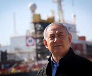 Israeli Prime Minister Benjamin Netanyahu visits the Israeli Leviathan gas field gas processing rig near the Israeli city of Caesarea, on January 31, 2019.