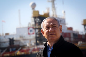 Israeli Prime Minister Benjamin Netanyahu visits the Israeli Leviathan gas field gas processing rig near the Israeli city of Caesarea, on January 31, 2019.