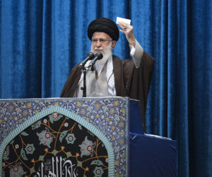 Iranian Supreme Leader Ayatollah Ali Khamenei delivers his sermon in the Friday prayers at Imam Khomeini Grand Mosque in Tehran, Iran, Jan. 17, 2020.