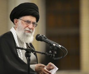Iran's Supreme Leader Ayatollah Ali Khamenei speaks to a group of residents of the city of Qom, in Tehran, Iran, Wednesday, Jan. 8, 2020.