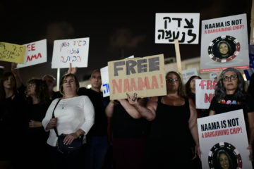 Family, friends, and supporters protest as they call for the release of Naama Issachar, at Habima Square in Tel Aviv on October 19, 2019.