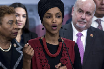 Rep. Ilhan Omar, D-Minn., center, speaks during a news conference on last week's targeted killing of Iran's senior military commander Gen. Qassem Soleimani on Capitol Hill, in Washington, Wednesday, Jan. 8, 2020.