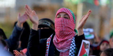 Supporters of the Hamas terror organization call for the recognition of Jerusalem as the capital of a Palestinian state, at a rally in Khan Yunis, in the southern Gaza Strip, on January 3, 2020.