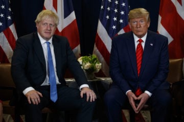 In this Sept. 24, 2019 photo, President Donald Trump meets with British Prime Minister Boris Johnson at the United Nations General Assembly in New York.