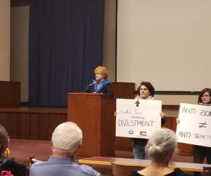 Anti-Israel protesters disrupt a talk on anti-Semitism by Holocaust scholar Deborah Lipstadt, at the University of California, Berkeley, Feb. 13, 2020.