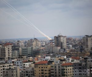 Smoke trails from rockets fired by Palestinian terrorists from Gaza into Israel, on February 24, 2020.