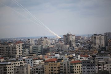 Smoke trails from rockets fired by Palestinian terrorists from Gaza into Israel, on February 24, 2020.