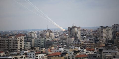 Smoke trails from rockets fired by Palestinian terrorists from Gaza into Israel, on February 24, 2020.