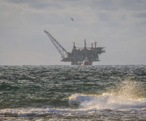 View of the Israeli Leviathan gas field processing rig off the Israeli coast.