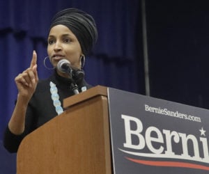 In this Dec. 13, 2019 file photo, Rep. Ilhan Omar, D-Minn., speaks as she introduces Democratic presidential candidate Sen. Bernie Sanders, I-Vt., at a campaign event.