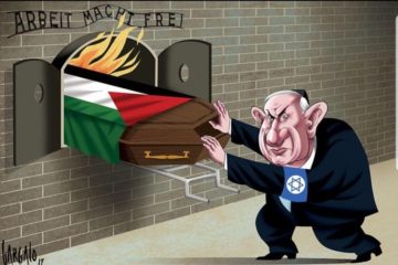 Caricature by Vasco Gargalo of PM Netanyahu wearing a kippah and sporting a Nazi-style Star of David armband as he pushed a coffin draped with a Palestinian flag into a gas chamber.