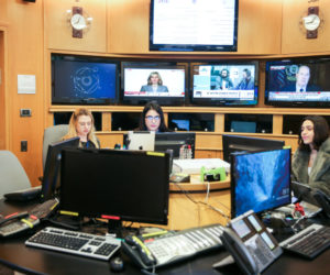 Foreign ministry workers in the situation room at the Ministry of Foreign affairs in Jerusalem on February 13, 2020.