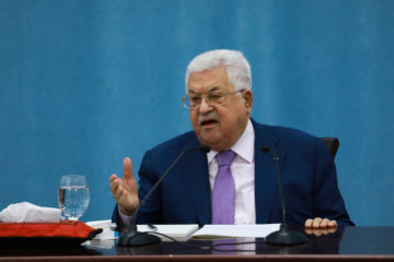 Palestinian president Mahmoud Abbas at Palestinian Authority headquarters, in Ramallah, May 5, 2020. (Flash90)