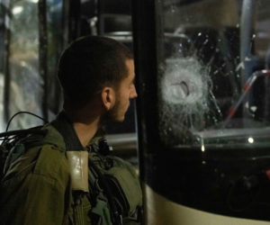 A bus damaged by rock throwing on route 55, near the Jewish settlement of Karnei Shomron in the West Bank, on January 6, 2020. (Flash 90/Sraya Diamant)