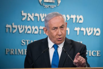 Israeli PM Benjamin Netanyahu gives a statement at the PM's office in Jerusalem, on August 13, 2020. (Flash90/Yonatan Sindel)