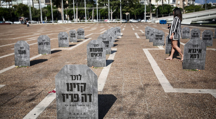 Gravestones placed in central Tel Aviv to protest economic crisis