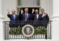 From left, Israeli Prime Minister Benjamin Netanyahu, US President Donald Trump, Bahrain Foreign Minister Khalid bin Ahmed Al Khalifa and United Arab Emirates Foreign Minister Abdullah bin Zayed al-Nahyan stand on the Blue Room Balcony during the Abraham Accords signing ceremony on the South Lawn of the White House, Tuesday, Sept. 15, 2020, in Washington. (AP Photo/Alex Brandon)
