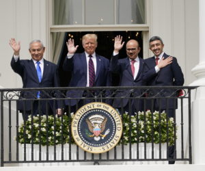 From left, Israeli Prime Minister Benjamin Netanyahu, US President Donald Trump, Bahrain Foreign Minister Khalid bin Ahmed Al Khalifa and United Arab Emirates Foreign Minister Abdullah bin Zayed al-Nahyan stand on the Blue Room Balcony during the Abraham Accords signing ceremony on the South Lawn of the White House, Tuesday, Sept. 15, 2020, in Washington. (AP Photo/Alex Brandon)