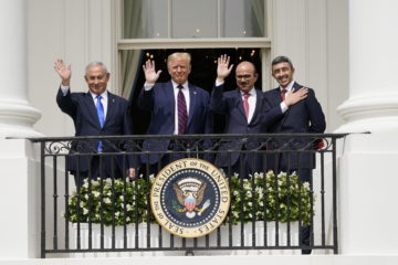 From left, Israeli Prime Minister Benjamin Netanyahu, US President Donald Trump, Bahrain Foreign Minister Khalid bin Ahmed Al Khalifa and United Arab Emirates Foreign Minister Abdullah bin Zayed al-Nahyan stand on the Blue Room Balcony during the Abraham Accords signing ceremony on the South Lawn of the White House, Tuesday, Sept. 15, 2020, in Washington. (AP Photo/Alex Brandon)